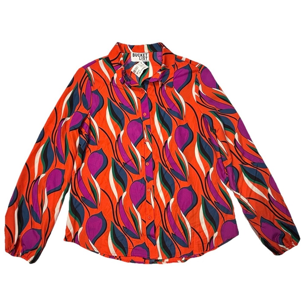 NWT Bucket List Blouse Womens M Made USA Abstract Retro Print Long Sleeve Shirt